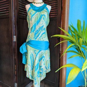 BCBG Blue Green Silk Drop Waist Dress Size 2 to 4